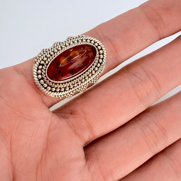 VTG Sterling SIlver 925 Large Oval Amber Rope Border Statement Ring Size 9.75 - Picture 6 of 10